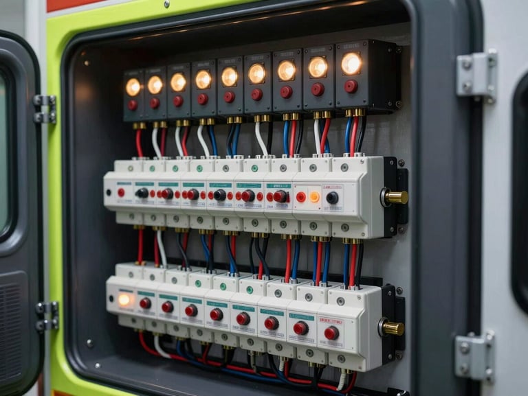 Close-up of a highly precise electrical control panel inside an ambulance, neatly organized wiring, glowing indicator lights, matte black metal casing, industrial quality.