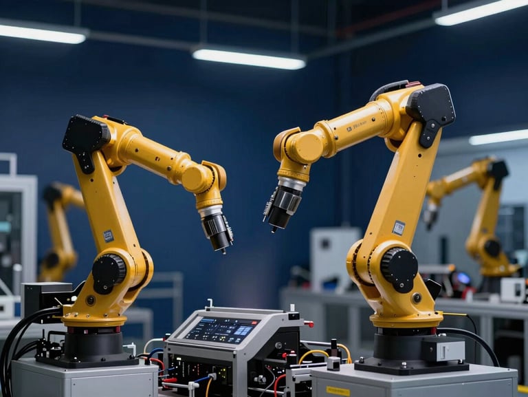 A high-tech automated manufacturing facility with robotic arms, soft golden and deep navy lighting, clean high-end industrial environment, professional photography
