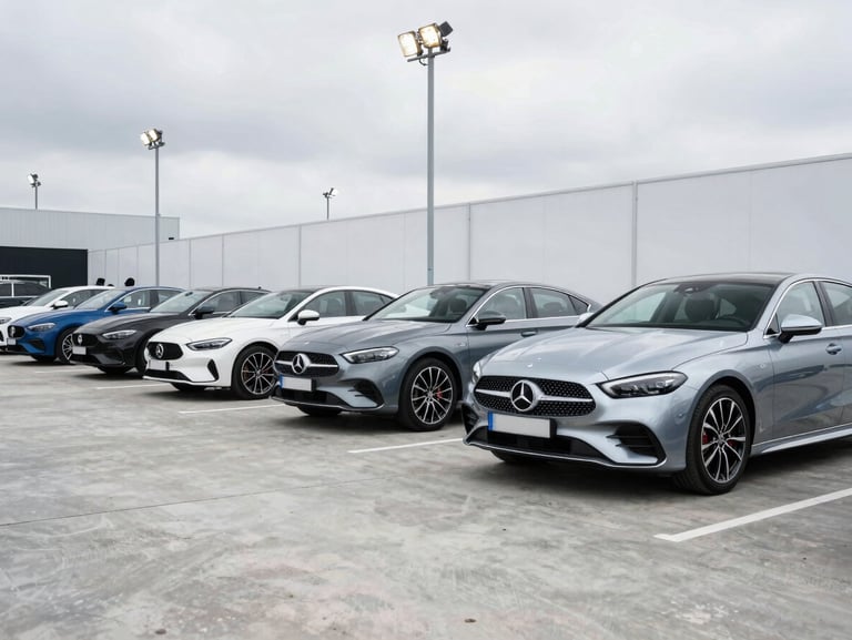 Wide shot of a professional indoor vehicle auction block, clean concrete floors, bright overhead stadium lighting, premium cars lined up