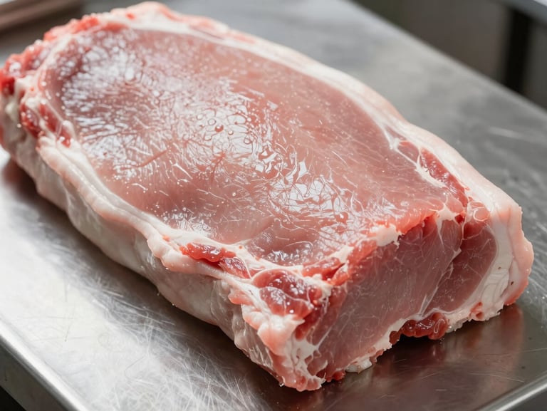 Close-up of fresh raw pork loin, clean pink color, perfectly trimmed, resting on stainless steel industrial table under bright lighting