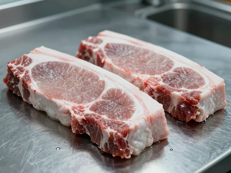 Close-up of fresh pork loin chops on a sterile steel counter, bright cool-toned lighting showing high hygiene standards.