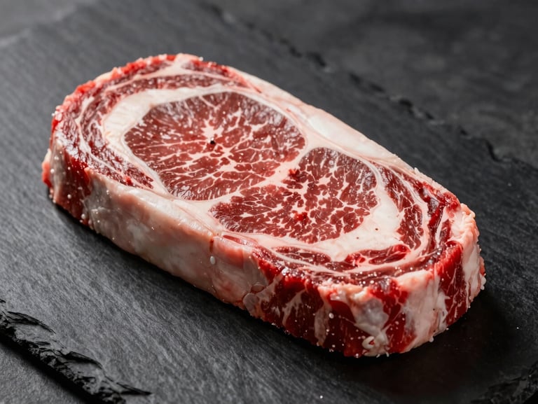 Macro close-up of a raw beef ribeye steak, intense marbling, vibrant red meat on a clean dark slate surface, dramatic warm directional lighting
