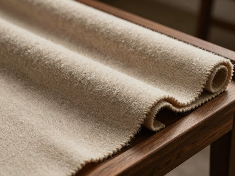 Macro shot of premium wool acoustic fabric stretched over a walnut frame, soft directional warm light.