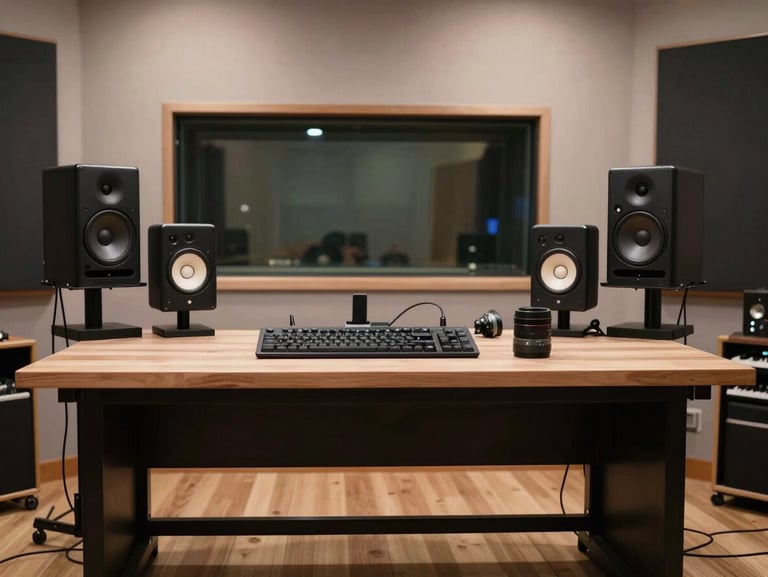 A clean modern recording studio setup with professional monitors calibrated on isolation stands, minimal Scandinavian furniture.