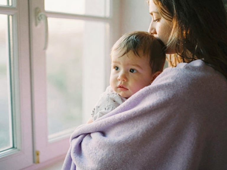A mother cradling her child in a soft lilac blanket, looking out of a sunlit window, gentle warm light, 35mm film.