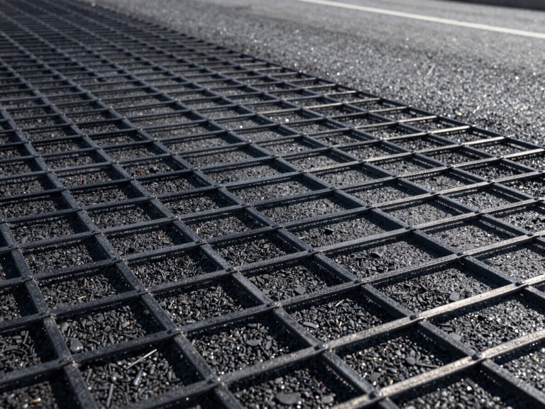 Low-angle shot of black fiberglass geogrid laid over fresh dark asphalt during highway construction under direct sunlight.