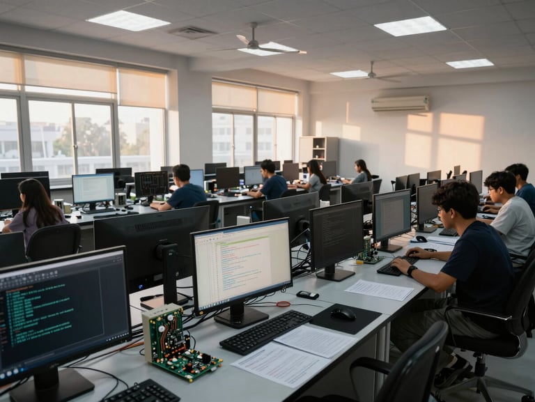 Wide-angle view of an engineering college computer lab, rows of workstations bathed in warm afternoon window light, circuit boards and printed code sheets visible on desks, a few students working independently
