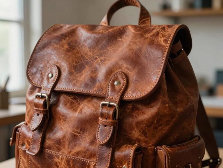 Macro detail of a well-worn leather backpack, rich cognac leather showing dark honey patina and tight hand-saddle stitching, soft side-lighting from a workshop window, 35mm photography