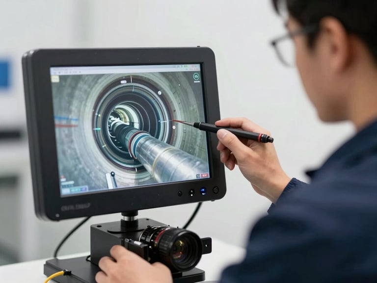 Close-up of a professional technician in a clean dark blue uniform operating a modern digital pipeline inspection camera screen showing clear internal pipe structure, bright daylight.