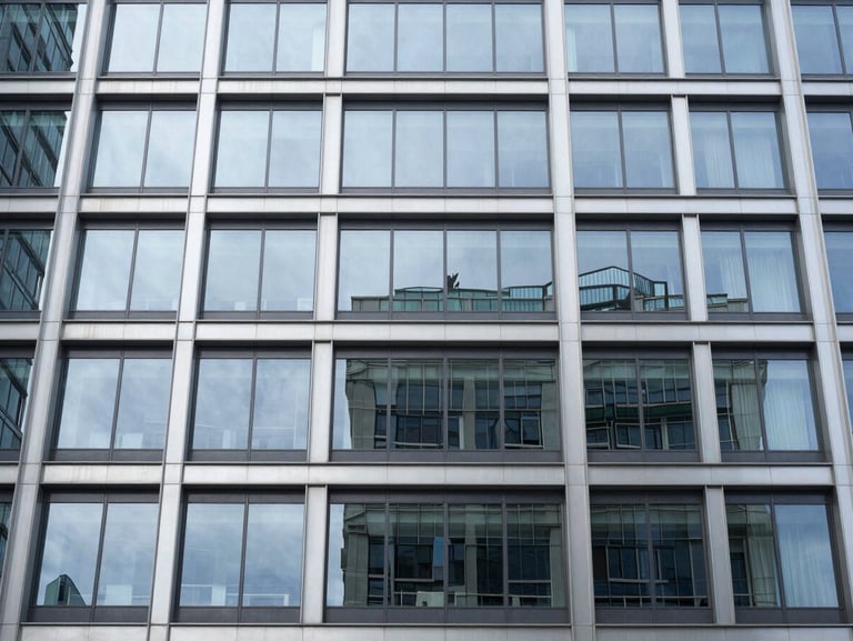 Straight-on architectural elevation, cool metallic tones, a modern 12-story commercial building envelope with structural glazing, high-contrast reflections on glass panels.