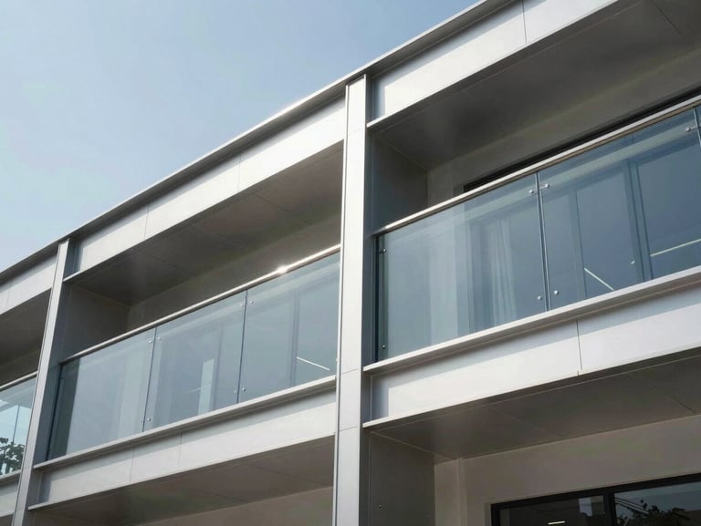 Dramatic low-angle exterior shot, bright daylight, a heavy-duty commercial storefront system with custom aluminum miter joints and integrated glass railings.