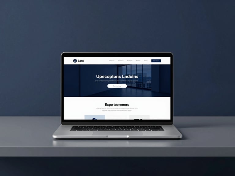 Minimalist workspace with a clean laptop displaying a modern landing page wireframe, cool daylight, sharp corporate aesthetics.