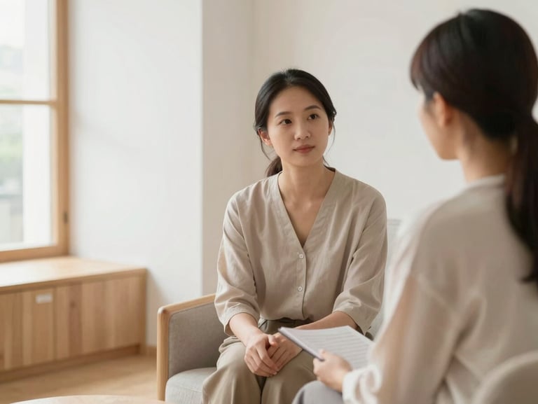 A professional, calm one-on-one counseling session in a brightly lit minimalist room with light wood accents, soft natural light.