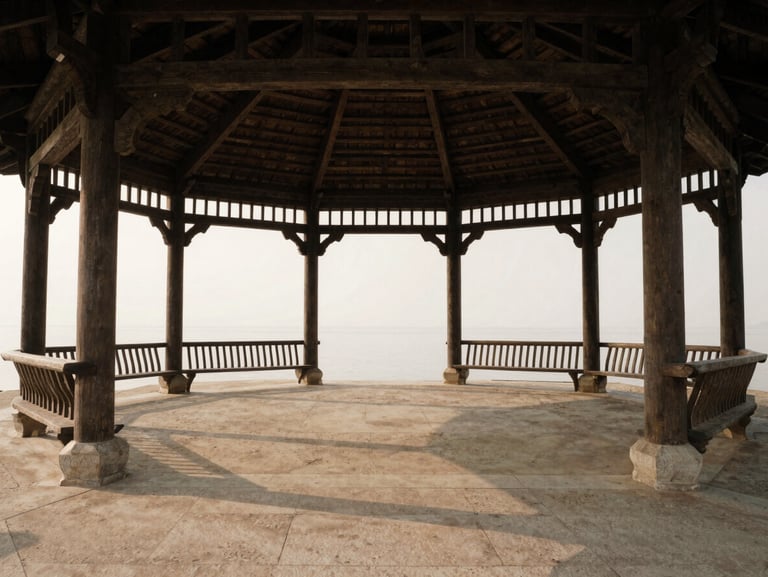 Wide environmental shot of a timber-framed public pavilion, human scale visible through soft silhouettes, diffused daylight, earthy tones.