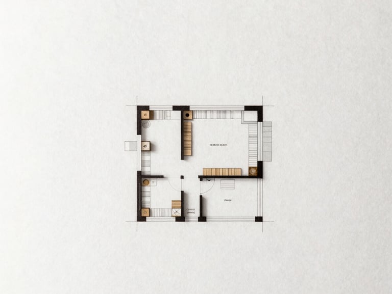 High-contrast architectural plan of a community health clinic, minimalist lines, clean white space, warm neutral paper texture.