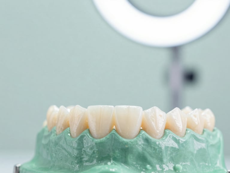Bright editorial close-up of a dental implant transformation, showing missing upper teeth on the left and a complete set of natural-looking implant-supported teeth on the right. Soft daylight lighting, crisp green and white tones, shallow depth of field.