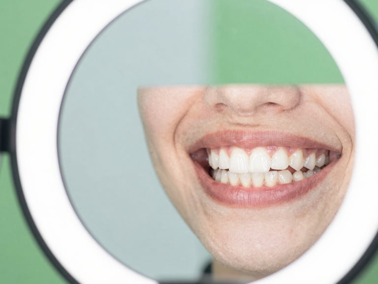 Bright editorial close-up of a smile transformation, showing misaligned teeth on the left and beautifully aligned, bright natural teeth on the right. Soft daylight lighting, crisp green and white tones, shallow depth of field.