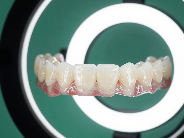 Bright editorial close-up of a cosmetic smile design, showing worn teeth on the left and bright, perfectly shaped ceramic crowns on the right. High-key studio ring light, crisp green and white tones, shallow depth of field.