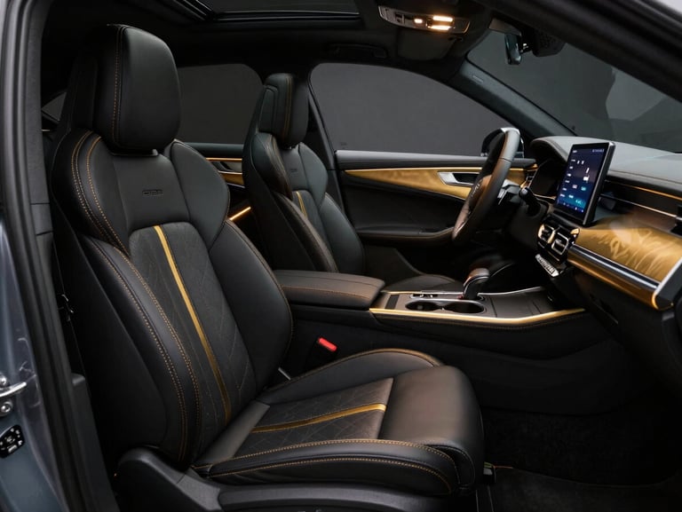 Flawless customized car interior with premium black leather seats, gold stitching, glowing ambient lighting, and a sleek Android touchscreen display