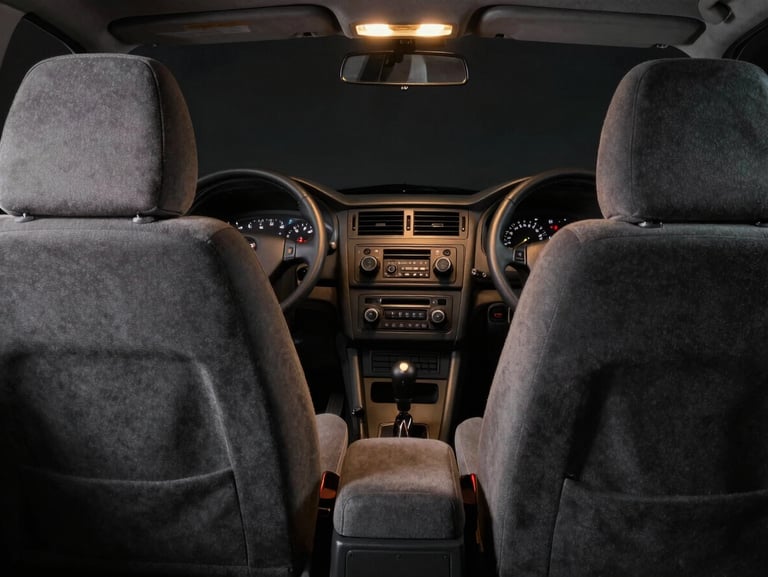 Cluttered and basic factory car interior with plain grey fabric seats and basic radio dashboard under flat lighting