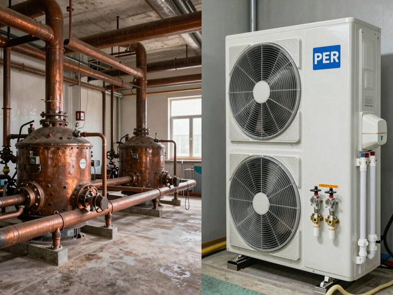 Wide environmental shot, natural daylight — left half shows an aging boiler room with corroded copper pipes, right half shows a new heat pump unit with clean PER plumbing connections and labeled valves. Technical close-up framing, real jobsite context, no staging.