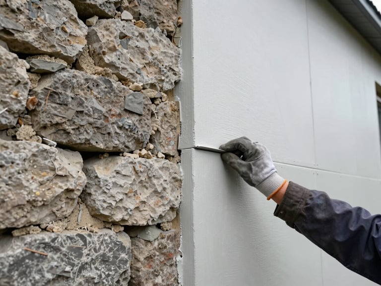 Wide environmental shot, natural daylight — left half shows uninsulated stone exterior wall with crumbling mortar, right half shows finished exterior insulation panels freshly rendered, a worker's gloved hand visible pressing a seam flat at the joint. Sharp documentary framing, no staging.