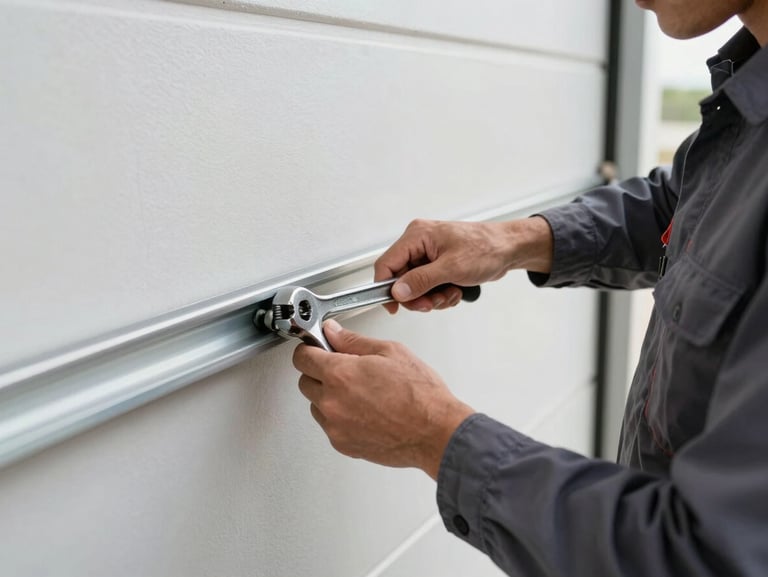 A professional technician in a dark grey uniform adjusting a garage door track with a wrench, bright daytime lighting, focus on hands and tool.
