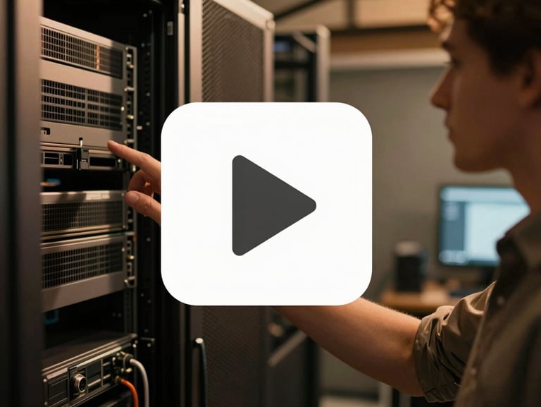 Video placeholder showing a technician pointing at a server rack, warm indoor lighting, overlay play icon, 35mm editorial photography