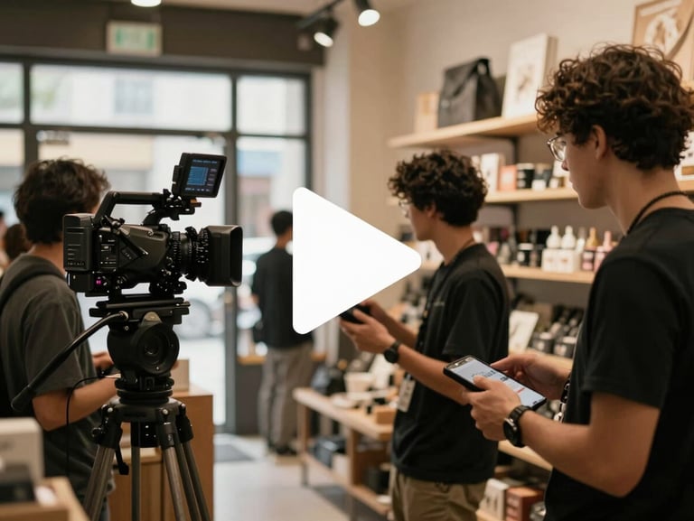 Video placeholder showing a camera crew filming inside a local retail shop, cozy natural lighting, overlay play icon, 35mm editorial photography