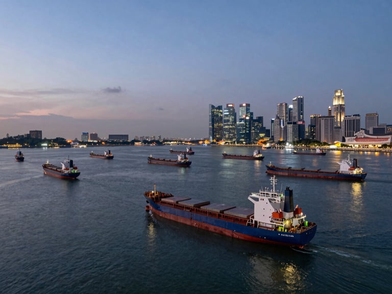 Wide environmental shot of the Singapore strait at dusk, numerous cargo vessels anchored in the deep water, city skyline glowing in the far background.