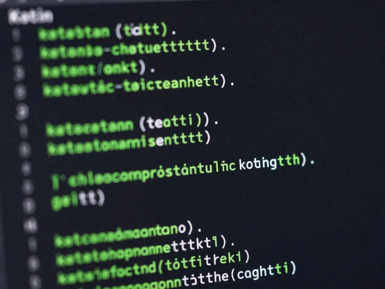 Macro shot of a dark-mode IDE screen displaying clean Kotlin code snippets, with vibrant electric green syntax highlighting and deep, clean shadows.