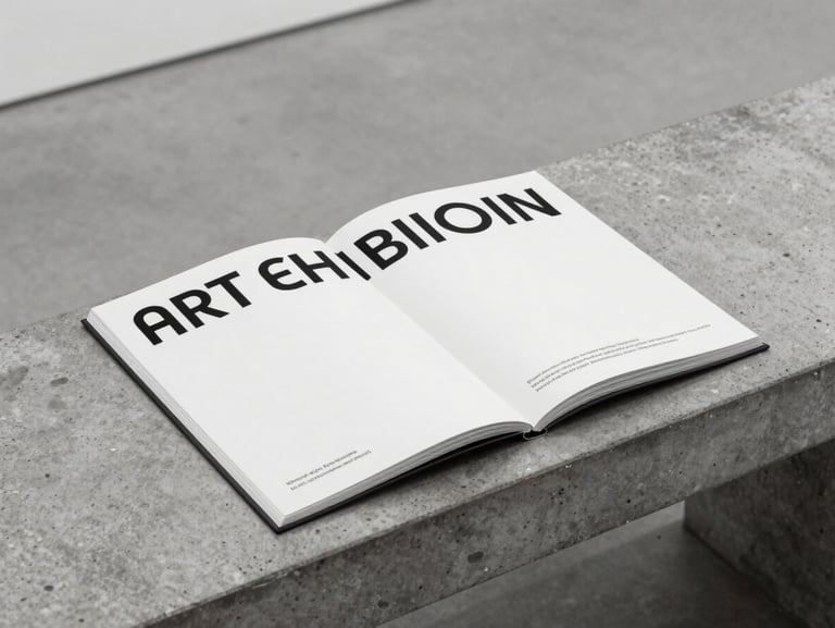 A clean editorial mockup of a minimalist art exhibition catalog. High-contrast typography on heavy matte paper, resting on a polished concrete bench.