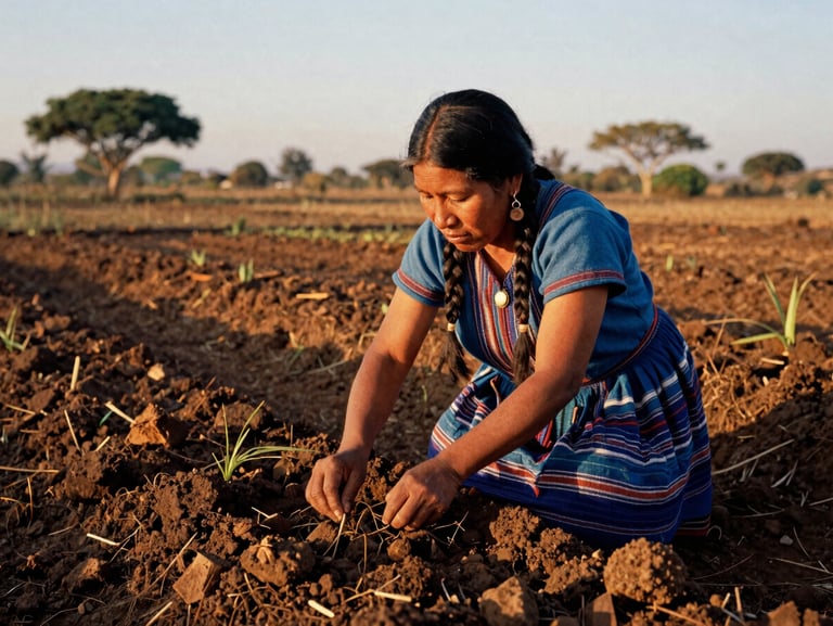 Warm environmental shot of an indigenous woman tending to a traditional chagra agricultural plot, rich soil, golden-hour light.