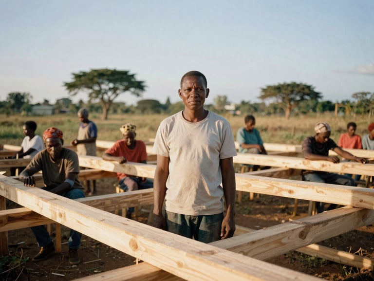 Dignified environmental portrait of Afro-descendant community members building a regional center with sustainably harvested local timber, natural daylight.