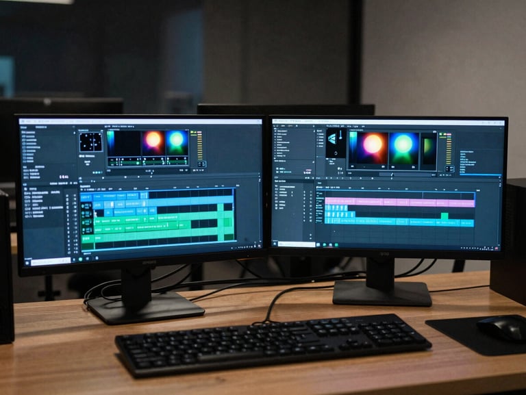 Wide shot of a professional video editing bay — dual monitors showing timeline and color grade, cool ambient light from screens, functional workspace, no person visible, cables and equipment in natural position