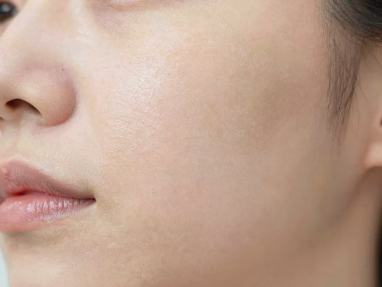 Macro close-up of a person's cheek showing clear, healthy skin texture after treatment, natural daylight, genuine healing
