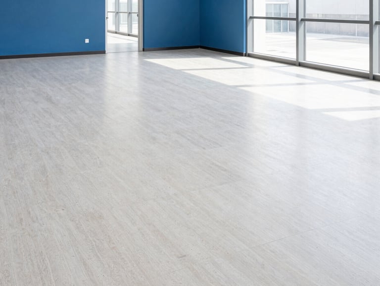 Wide corporate office floor with dull, scuffed linoleum tiles before specialized treatment, bright daylight, architectural perspective