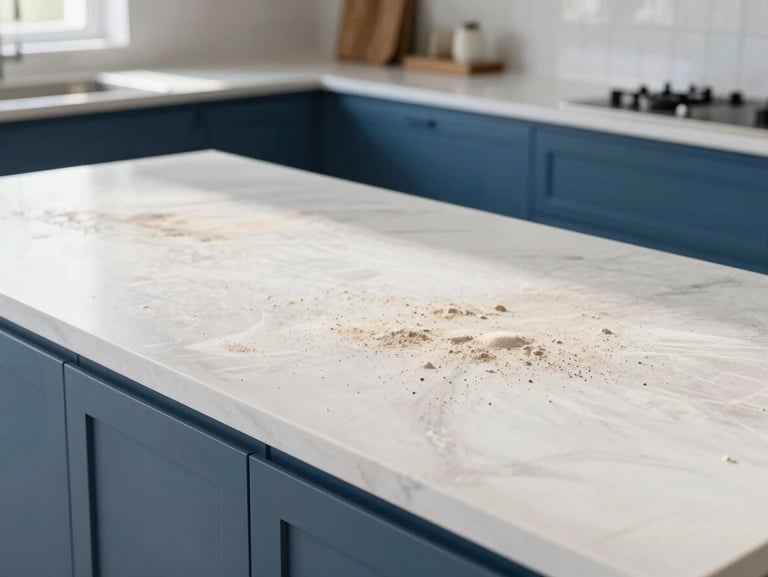 Detailed shot of a luxury kitchen counter covered in light construction dust during renovation, natural side light, sharp focus