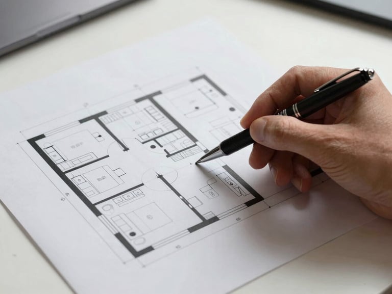 Close-up overhead flat-lay of a property survey document and floor plan on a white desk, a hand holding a technical pen pointing at a structural detail, neutral studio lighting, no faces visible