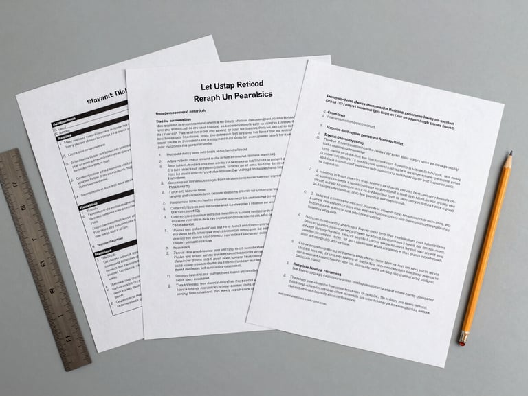 Tight overhead flat-lay of printed financial reports and legal compliance documents spread on a grey surface, a ruler and pencil alongside, neutral daylight, clinical framing, no hands or faces