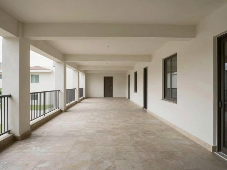 Wide shot of a building common area corridor in a residential property, empty, clean, neutral daylight from side windows, architectural framing showing structural elements and flooring condition, no people