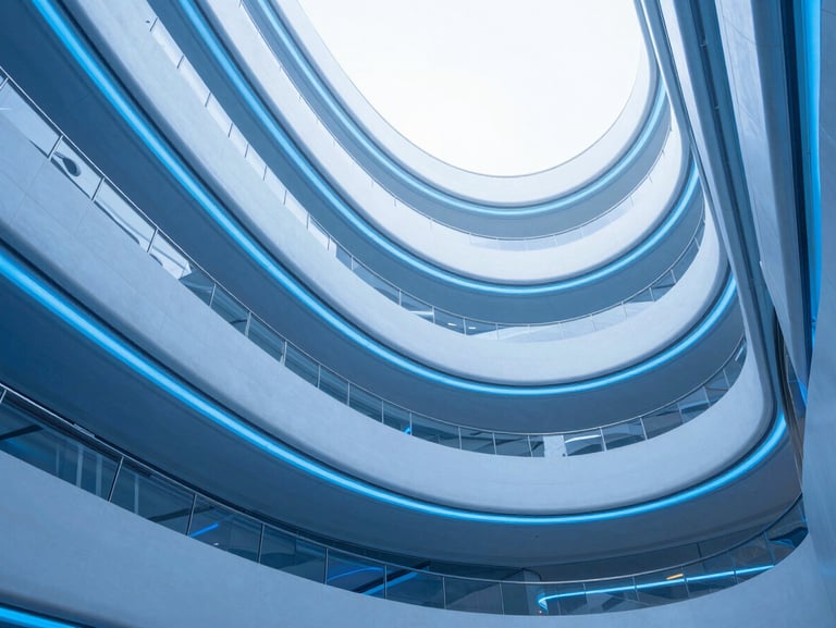Abstract financial data visualization with glowing blue lines and clean architectural curves, 50mm, cool blue tones