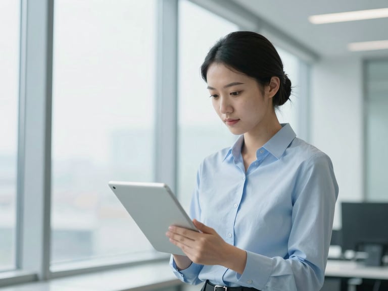Candid portrait of a focused professional looking at a tablet in a bright modern office, natural daylight, cool blue tones, 50mm