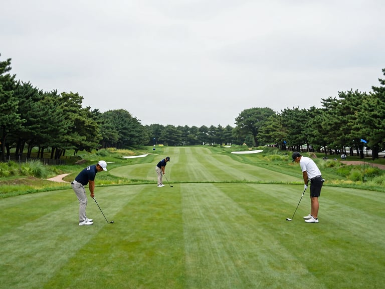 Wide environmental landscape of an official IPGA certified training facility in South Korea, featuring lush green fairways and professional trainees practicing under bright overcast daylight.