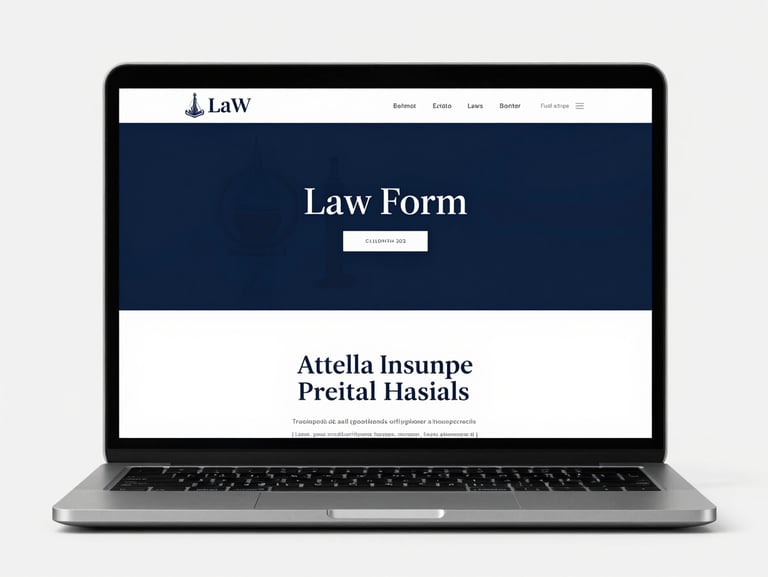 Sleek laptop mockup displaying a minimalist law firm website, dark navy tones, elegant typography, high contrast