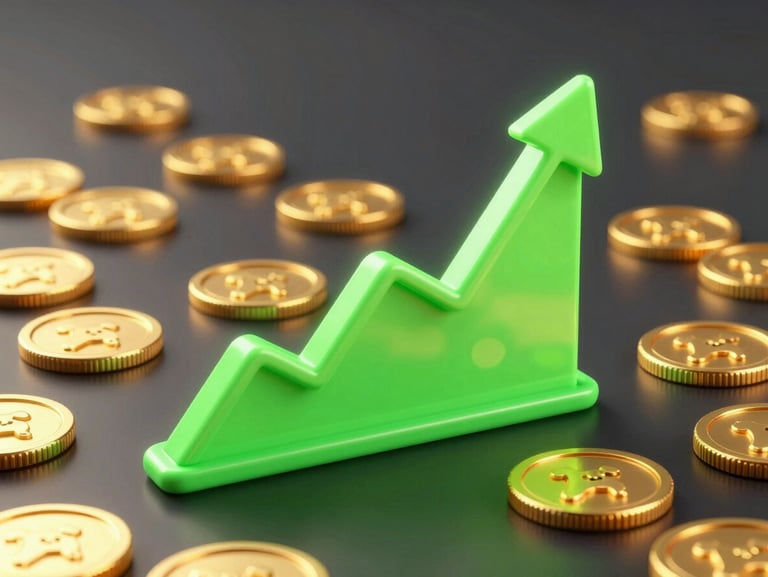 A vibrant 3D render of a neon green stock chart shooting upwards, surrounded by glowing golden dog coins on a dark reflective corporate desk.