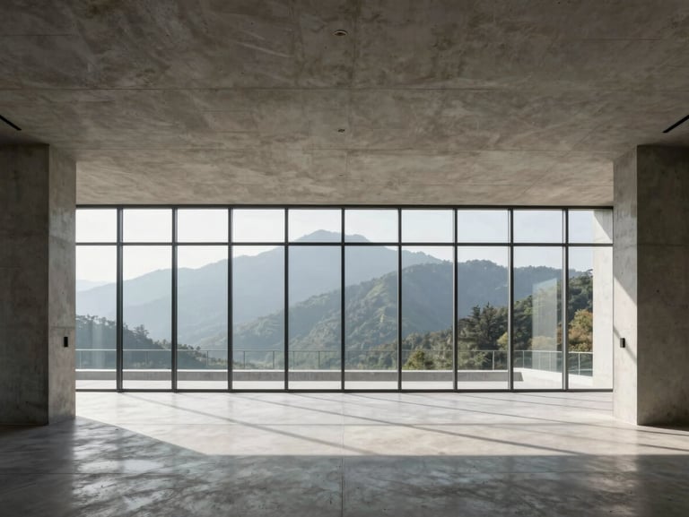 Symmetrical wide shot of a minimalist, sunlit architectural office with clean lines, concrete surfaces, and mountain light filtering through expansive glass windows.