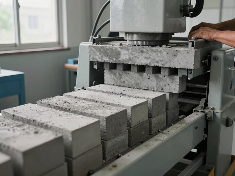 Close-up of a concrete brick moulding machine in action, fresh grey bricks being pressed and ejected onto a conveyor, natural daylight from factory windows, operator's hands adjusting feed hopper visible at frame edge, wide landscape framing