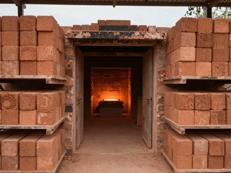 Wide environmental shot of a terracotta brick kiln interior, raw clay bricks stacked on shelves entering the firing chamber, warm orange glow of heating elements visible at the back, overcast natural light at the kiln entrance, landscape framing