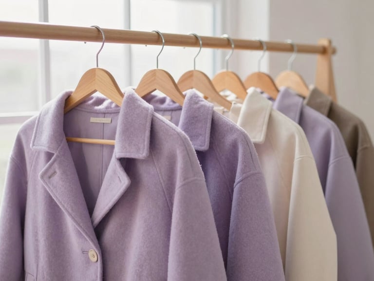 A neat row of winter coats on wooden hangers in a bright room, soft natural window light, warm editorial photography
